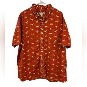 DULUTH TRADING CO. GREEN T-REX PRINT RELAXED FIT BUTTON DOWN SHIRT. SIZE X-LARGE